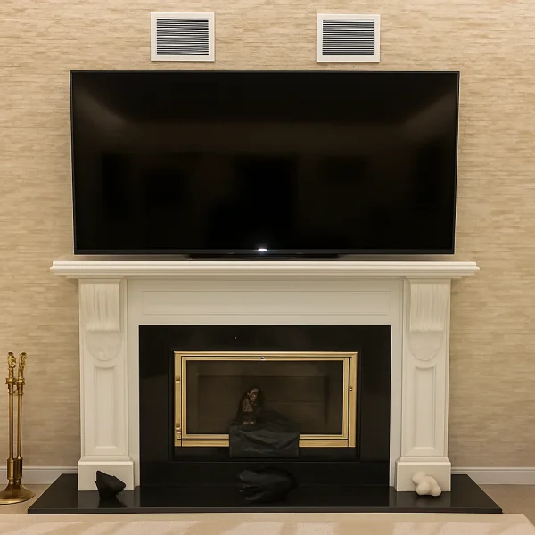Model 51 salon için odunlu şömine ön görünüm – beyaz klasik çerçeve ve televizyon detaylı tasarım