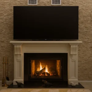 odunlu-somine-model-51-2 Model 51 salon için odunlu şömine yanan ateşli görüntü – sıcak atmosfer ve taş duvar arka plan