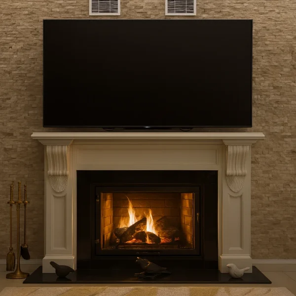 Model 51 salon için odunlu şömine yanan ateşli görüntü – sıcak atmosfer ve taş duvar arka plan