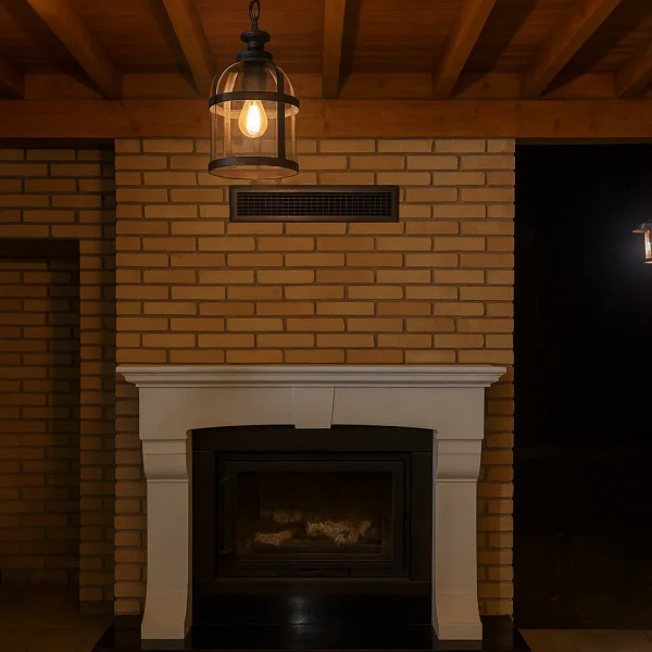 Tuğla duvarlı rustik şömine üzerinde asılı aydınlatma detayı