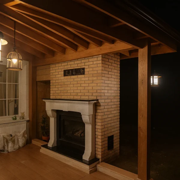 Ahşap tavan altında modern rustik odunlu şömine yan cephe görünümü