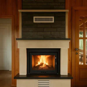 odunlu-somine-model-53-2 doğal taş kaplamalı odunlu şömine Model 53 – ön cepheden görünüm, gri taş kaplama ve krem çerçeve tasarımı