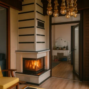 odunlu-somine-model-54-1 Sıcak alevlerle yanan modern odunlu köşe şömine iç mekân görünümü