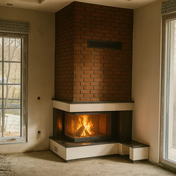 odunlu-somine-model-54-3 Tuğla kaplama duvar önünde yer alan odunlu şömine modeli