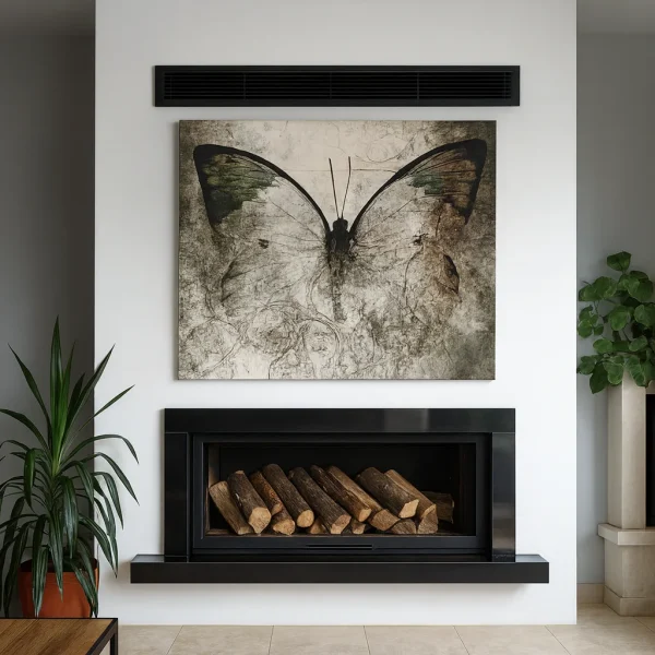 Siyah çerçeveli estetik duvar içi şömine tasarımı, modern oturma odası dekorasyonu içinde odun detaylarıyla