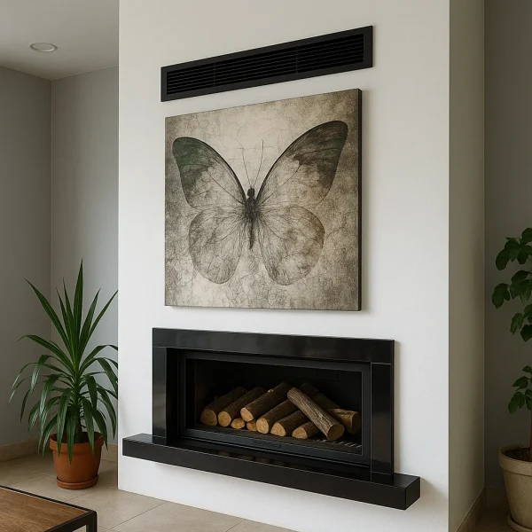 Minimalist çizgilere sahip duvar içi odunlu şömine modeli, doğal odunlarla zarif duvar dekoru uyumu