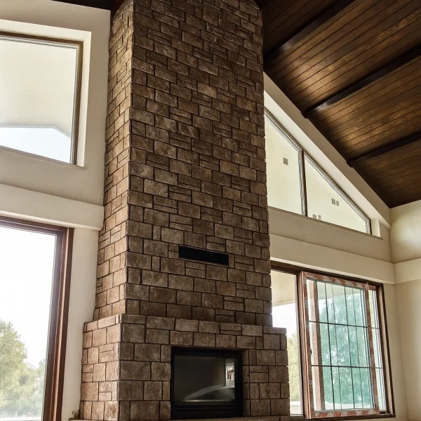 odunlu-somine-model-56-1 Doğal taş kaplama yüksek tavan şömine, geniş pencereli salon tasarımıyla birleşiyor