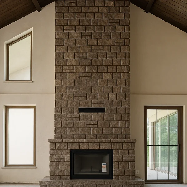 odunlu-somine-model-56-2 Modern rustik tarzda taş kaplama yüksek tavan şömine, ahşap tavan detaylarıyla uyum içinde