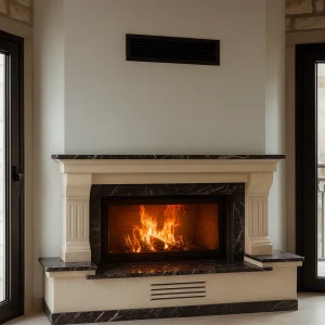 Mermer detaylı klasik şömine yandan görünüm – siyah mermer detaylar