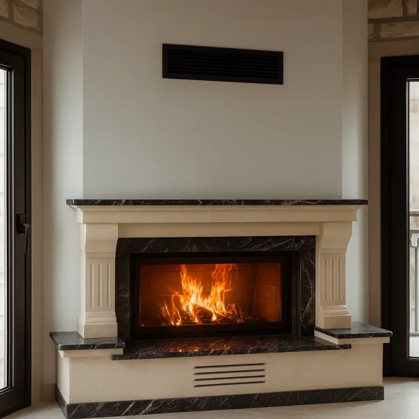 Mermer detaylı klasik şömine yandan görünüm – siyah mermer detaylar