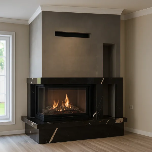 odunlu-somine-model-58-1 Model 58 modern siyah mermer köşe şömine yandan görünüm