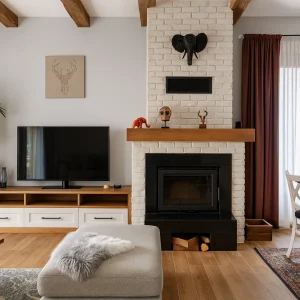 odunlu-somine-model-60-1 beyaz tuğla odunlu şömine model 60 oturma odası görünümü