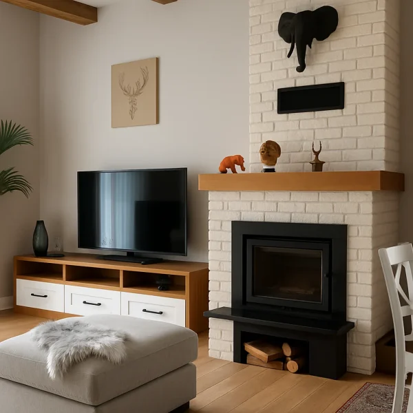 odunlu-somine-model-60-2 ahşap detaylı beyaz tuğla şömine TV ünitesiyle birlikte