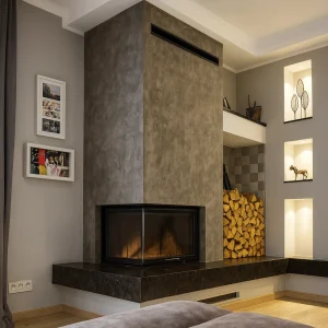 Modern odun depolama alanlı şömine modeli – yan cepheden görünüm, sade çizgili cam kapaklı tasarım, dekoratif odun yığınıyla birlikte sıcak atmosfer sunar.