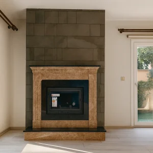 odunlu-somine-model-63-1 Model 63 klasik tarz odunlu şömine, bej mermer çerçevesi ve koyu taş arka paneliyle salonlarda zarif ve sıcak bir atmosfer oluşturan şık ısınma çözümü.