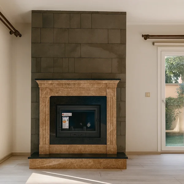 odunlu-somine-model-63-1 Model 63 klasik tarz odunlu şömine, bej mermer çerçevesi ve koyu taş arka paneliyle salonlarda zarif ve sıcak bir atmosfer oluşturan şık ısınma çözümü.