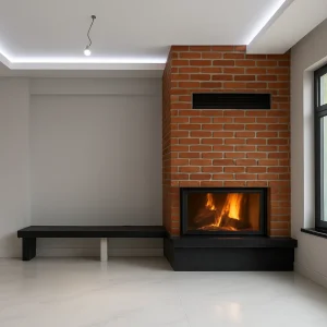 odunlu-somine-model-64-1 Kırmızı tuğla detaylı odunlu şömine, siyah granit tabanlı köşe tasarım