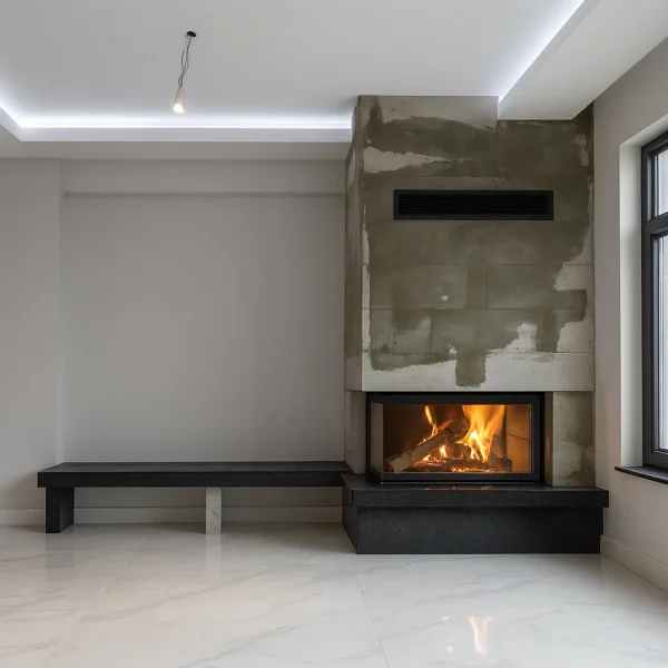 odunlu-somine-model-64-2 Modern gri kaplamalı odunlu şömine, doğal alev efektiyle iç mekân dekorasyonu