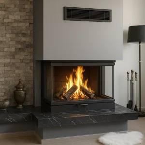 Siyah mermer tabanlı odunlu şömine ile taş duvar dekorasyonlu oturma alanı