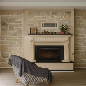 Model 69 doğal taş kaplamalı odunlu şömine ön görünüm