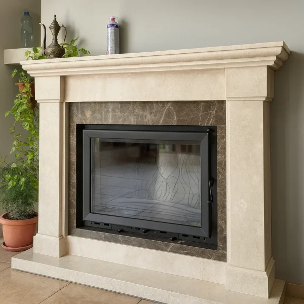 Klasik krem mermer şömine modeli yan görünüm – koyu mermer detaylı ve siyah cam kapaklı tasarım