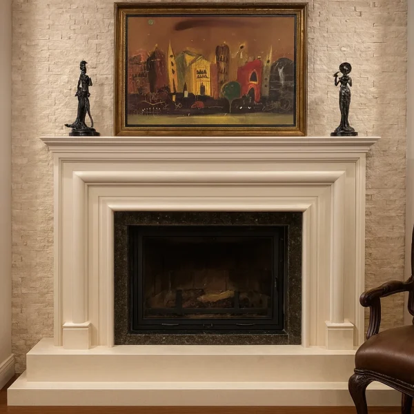 Model 72 limra taşı odunlu şömine önden görünüm – krem tonlarında sade taş çerçeve ve doğal arka duvar detayları.