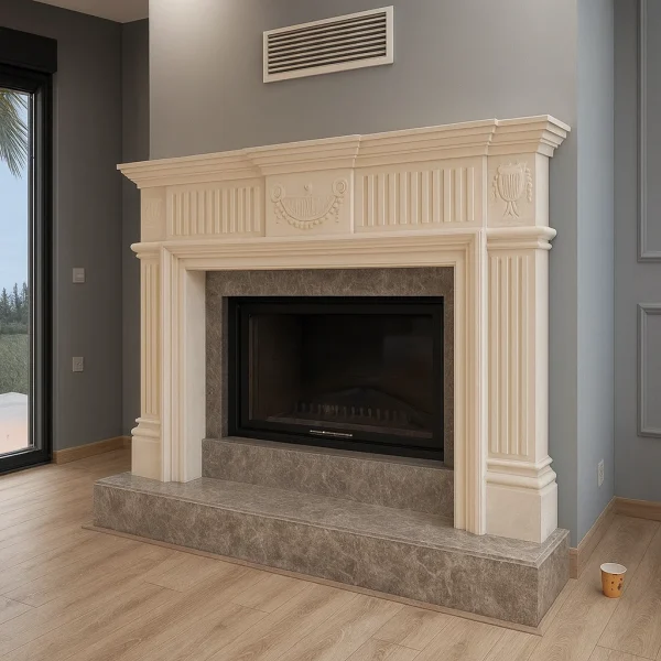 gri mermer taban ve kabartmalı üst çerçeveyle odunlu şömine model 73