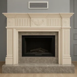 odunlu-somine-model-73-2 Krem taş detaylı desenli odunlu şömine, mermer tabanlı klasik tasarım.