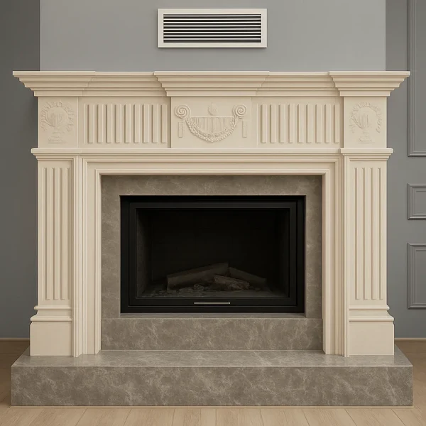 Krem taş detaylı desenli odunlu şömine, mermer tabanlı klasik tasarım.