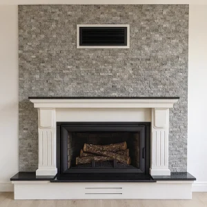 Granit tablalı odunlu şömine Model 74’ün önden görünümü, kabartma taş duvar ve krem gövdeyle modern bir salon dekorasyonu.