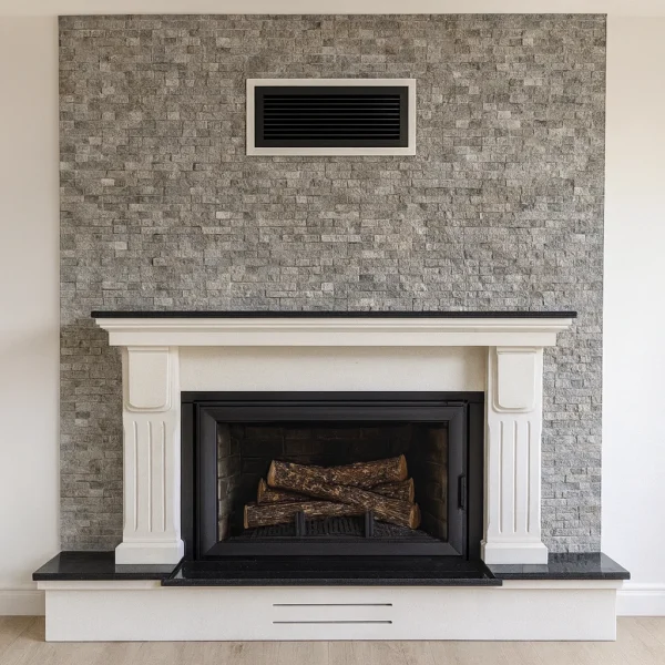 odunlu-somine-model-74-1 Granit tablalı odunlu şömine Model 74’ün önden görünümü, kabartma taş duvar ve krem gövdeyle modern bir salon dekorasyonu.