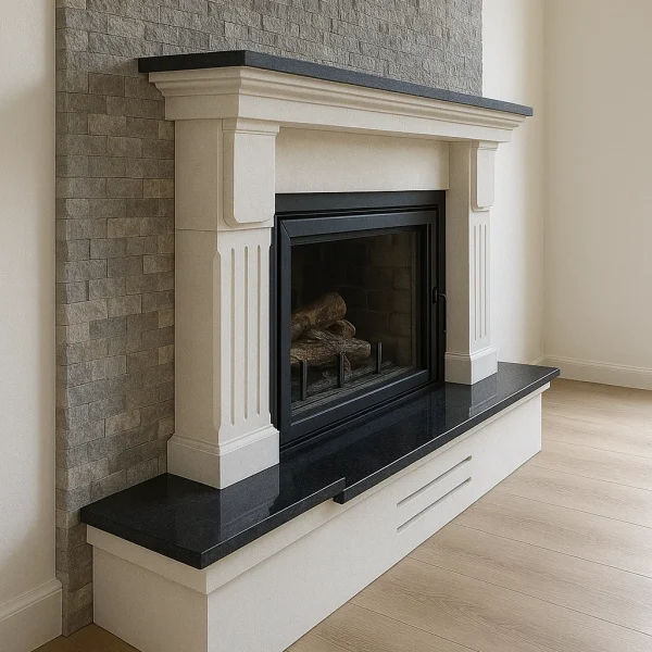 odunlu-somine-model-74-2 Siyah granit tablalı odunlu şöminenin yandan görünümü, doğal taş kaplama duvarla şık bir kontrast oluşturuyor.