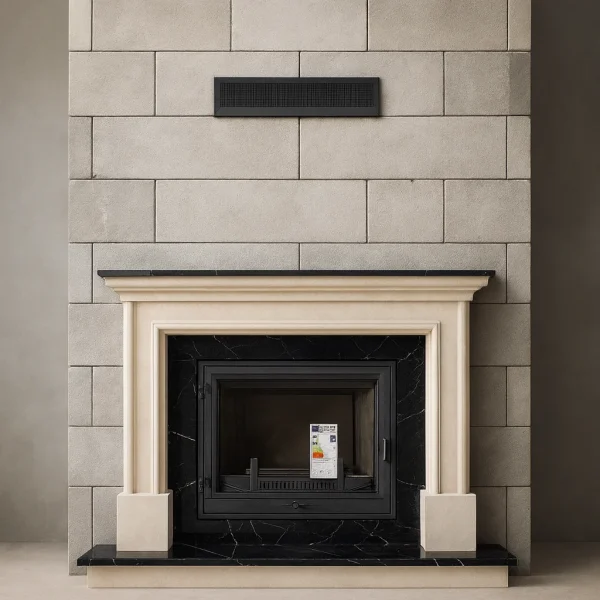 odunlu-somine-model-75-2 Siyah mermer yüzeye sahip krem taş çerçeveli odunlu şömine