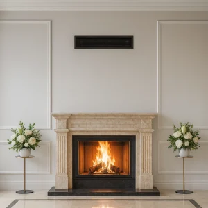 Sütun detaylı klasik odunlu şömine mermer çerçeveli ön görünüm – Model 77