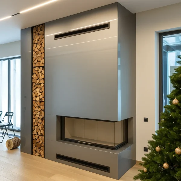 Model 82 metalik kaplama odunlu şömine modern salon görünümü