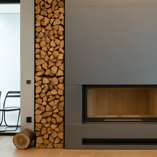 Gri metalik kaplama şömine ve odun depolama bölmeli tasarım